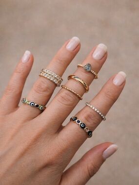 Forever 21 Gold Stacking Ring Set with Black and Green Accents